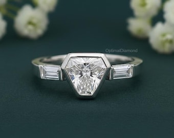 Bague trois pierres sertie de diamants cultivés en laboratoire, bague de mariée diamant taille baguette, bague en or blanc 14 carats, bague trilogie diamants CVD
