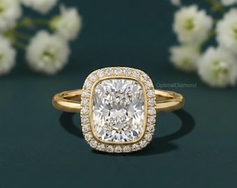 Bague de fiançailles diamant solitaire 1,30 ct, bague diamants cultivés en laboratoire taille coussin, alliance halo, bague cadeau promesse diamants délicats