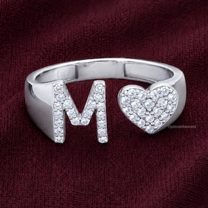 0.28CTW Round Lab Grown Diamond Engagement Band, Custom Letter M & Heart Open Wrap Wedding Ring, 14k Solid Gold Anniversary Ring For Her