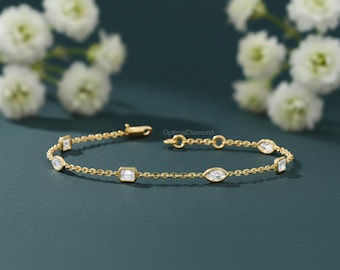 Bracelet en or jaune 14 carats, chaîne de diamants multiformes, diamant de 1,30 carat créé en laboratoire, diamant respectueux de l'environnement, cadeau d'anniversaire