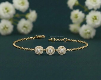 Bracelet en or jaune 14 carats, bracelet chaîne halo de diamants taille ronde, diamant de 1,30 carat créé en laboratoire, diamant respectueux de l'environnement, cadeau d'anniversaire
