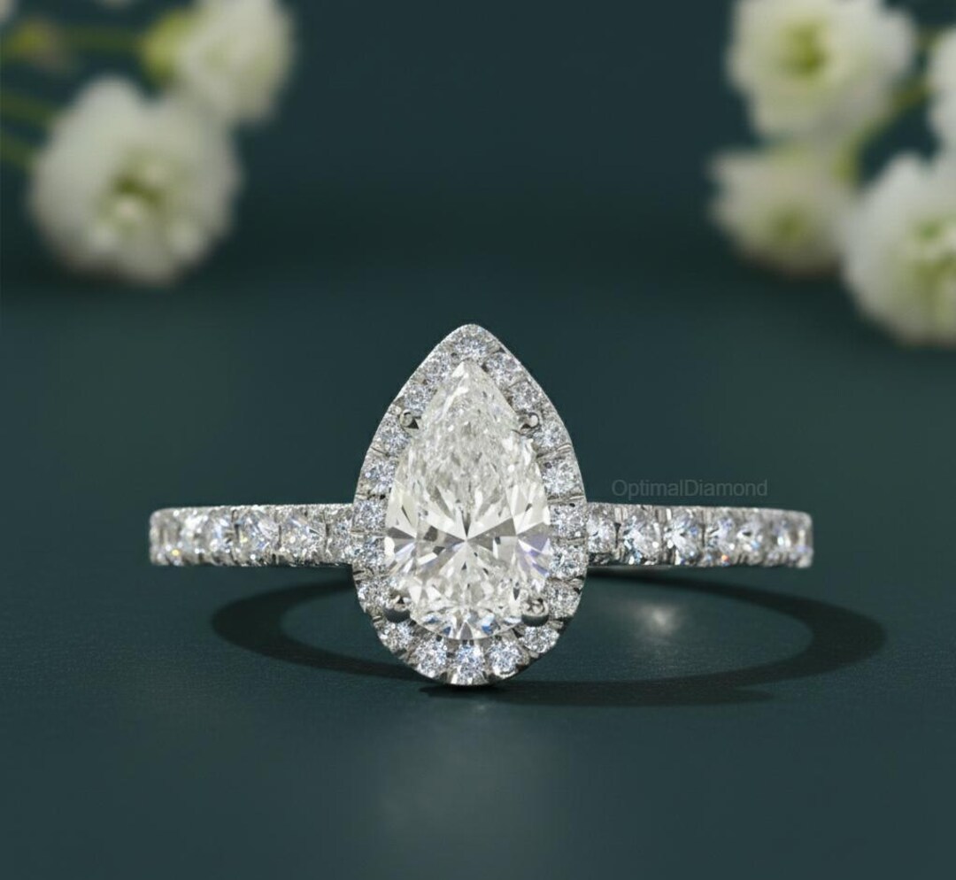 Pear Lab Grown Diamond Ring Pear Shaped Halo Engagement Ring Genuine ...