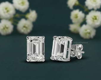 Boucles d'oreilles diamant de laboratoire en or 14 carats 1 + 1 ctw, clou d'oreille diamant taille émeraude, boucle d'oreille minimaliste, cadeau pour elle, cadeau d'anniversaire minimaliste