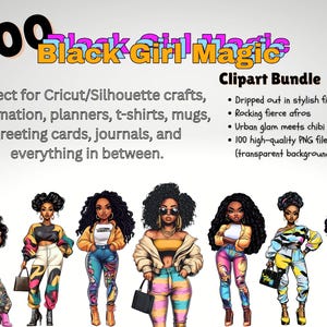 Pacote de 100 cliparts de mágica de garotas negras | PNGs de mulheres afro de alta resolução para educadores | Cricut Crafts & Commercial Use