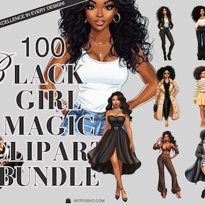 Lot de 100 cliparts magiques fille noire | PNG Femmes afro-américaines haute résolution pour éducateurs | Artisanat Cricut et utilisation commerciale