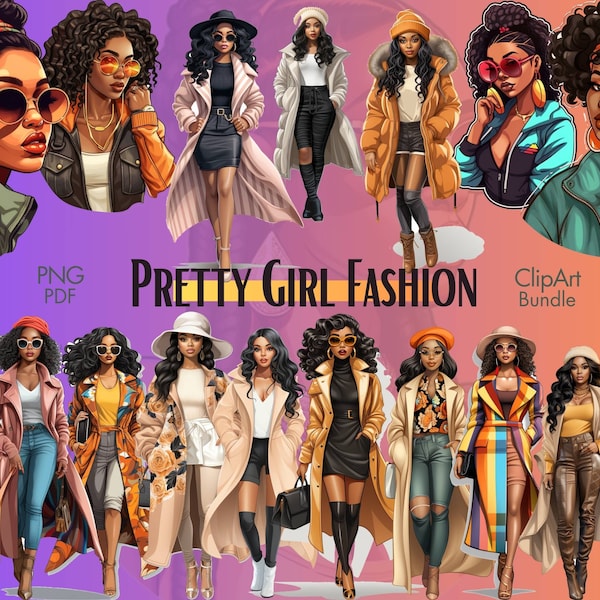 Pretty Girl Fashion Clipart Bundle: Empowering Black Beauty through Art | Over 150 High - Quality Images Celebrating Strength and Glamour