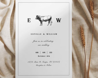 Western Ranch Wedding Invitation 5x7 | Digital Invitation | DIY | Digital Download | Rustic | Country | Sleek | Simple | Cow | Template