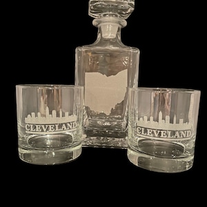 Custom Ohio State Whiskey Decanter and Cleveland Rocks Glasses