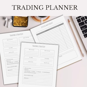 May include: A printable trading planner with sections for stock watchlist, trading strategy, and notes. The planner has a gray and white color scheme.