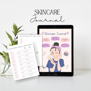 Peut inclure: Un journal numérique imprimable pour les soins de la peau avec des sections pour la routine quotidienne, le suivi des habitudes, les rendez-vous, le parcours et les objectifs, la liste de souhaits et les produits préférés. Le journal présente une illustration de dessin animé d'une femme aux cheveux roses et un bandeau violet appliquant des soins de la peau.