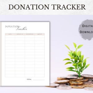 May include: A white donation tracker with a light pink header and columns for date, recipient, description, and amount. The words "DONATION TRACKER" and "DIGITAL DOWNLOAD" are also visible.
