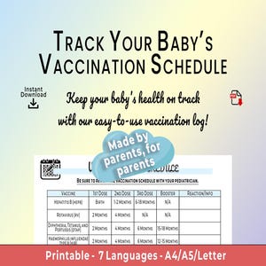 Vaccination Schedule, Baby Immunization Tracker, Vaccination Log for Newborns, Vaccines by Age, Printable Schedule, A4, A5, Instant Download