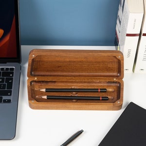 Walnut Wood Pen & Pencil Box: Magnetic Desk Organizer