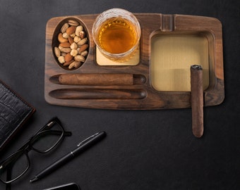 Wood Cigar Ashtray, Ashtray with Personalized Whiskey Glass Holder, Whiskey and Cigar Tray, Gift for Cigar Enthusiasts