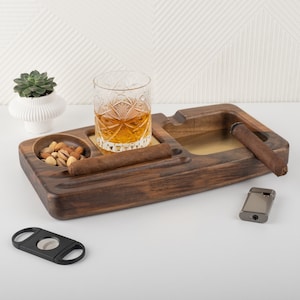 Wood Cigar Ashtray, Ashtray with Personalized Whiskey Glass Holder, Whiskey and Cigar Tray, Gift for Cigar Enthusiasts