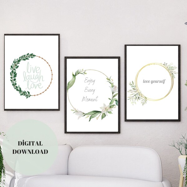 Floral Wall Art Prints Set of 3, Botanical Line Art, Love Yourself, Enjoy Every Moment, Trendy Wall Poster, Quote Prints, Digital Prints