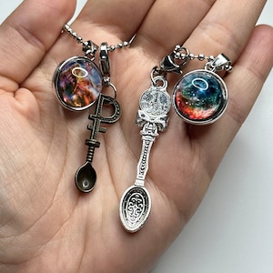 Tiny Spoon charm,Cosmic Galaxy Necklace,Spherical Glass Charm,Mini Spoon Pendant,Celestial pendant,Birthday gift, Sphere Pendant;Small Spoon