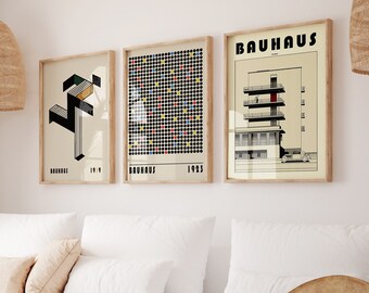 Bauhaus Poster Set Of 3, Trendy Retro Poster Set, Bauhaus Art Print ,Vintage Exhibition Poster, Museum Wall Art ,Modern Wall Decor, Digital