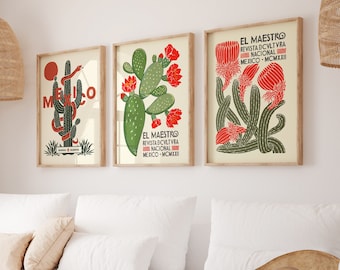 Mexican El Maestro Poster Set Of 3, Mexico Cactus Prints Download, Mexican Flower Poster, Buena Suerte Art Print
