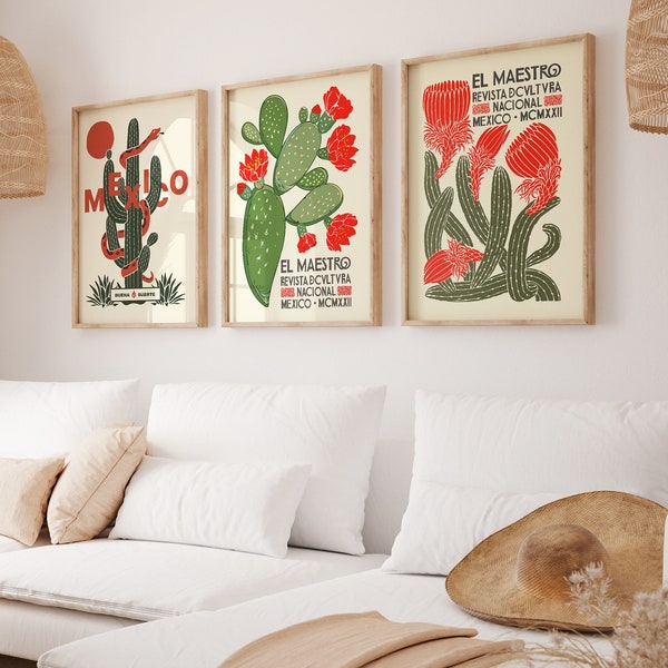 Conjunto de carteles mexicanos de El Maestro de 3, descarga de impresiones de cactus de México, cartel de flores mexicanas, impresión de arte de Buena Suerte