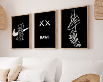 Zwarte Kaws Poster Set van 3, Kaws Print Download, Kaws Schilderij Set, Minimalistische Prints, Zwarte Posters, Art Deco