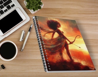 Cahier à spirale tir à l'arc afro femme noire falaise coucher de soleil aquarelle sombre papeterie cadeau écriture créative fournitures de journalisation journal indésirable