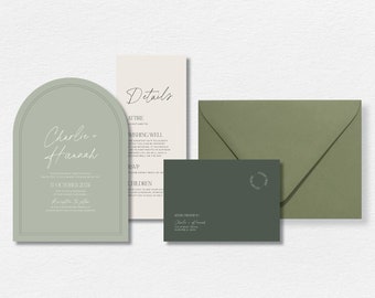 Wedding card Light Green Arch Wedding Invitation suite. Invite, details card and RSVP card. Modern Script Font, Minimalist and Earthy.