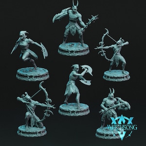 May include: A collection of detailed, light blue fantasy miniatures. The figures include warriors with weapons like axes, bows, shields, and spiked clubs. Each miniature stands on a textured base. The Witchsong logo is visible in the bottom right corner.