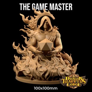 May include: A brown 3D printed miniature of a figure in a hooded robe holding a large, multi-sided die. The figure is surrounded by flames and sitting on a circular base. The base has the text "The Dragon Trappers Lodge" and "100x100mm" printed on it.