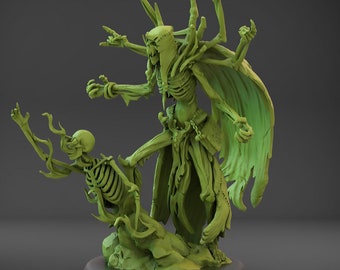 May include: A green skeletal figure with multiple arms and a hooded cloak stands on a black base. A smaller skeletal figure with a flaming skull is at the figure's feet.