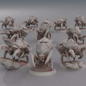 May include: Ten detailed, gray, plastic miniature figures of spider-like creatures with multiple legs and segmented bodies. The figures are posed in various positions on circular bases.