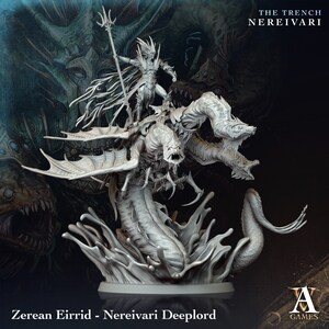 May include: A gray, detailed miniature of a monstrous, multi-headed sea creature with a humanoid figure riding on its back. The creature has wings and a long, serpentine tail. The figure is holding a spear and has a flowing cape. The base of the miniature is made of a textured, gray material and depicts a swirling, watery effect. The text "THE TRENCH NEREIVARI" is visible in the upper right corner of the image. The text "Zerean Eirrid - Nereivari Deeplord" is visible at the bottom of the image.