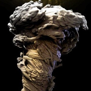 May include: A detailed sculpture of a swirling, twisting tornado made of wood. The sculpture is painted in shades of brown and beige, and it appears to be made of many individual pieces of wood that have been joined together.