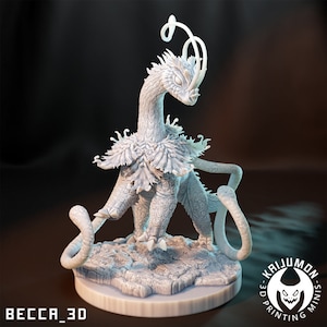 May include: White 3D printed miniature of a fantastical creature with a long neck, a frilled collar, and a curled tail. The creature is standing on a rocky base.