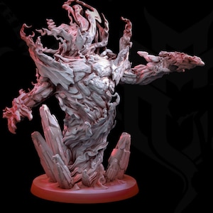 May include: A white and gray miniature figurine of a creature made of swirling rock and fire. The creature has a raised arm and hand, and is standing on a red base.