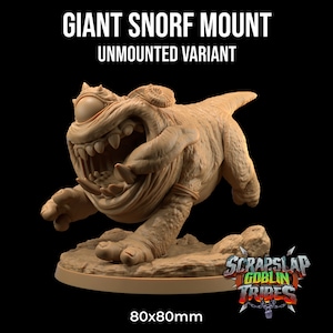 May include: A brown, unmounted, 3D printed miniature of a snarling, one-eyed creature with a large mouth and sharp teeth. The miniature is standing on a round base with a rocky texture. The base is labeled "80x80mm" and "Scrapslap Goblin Tribes".