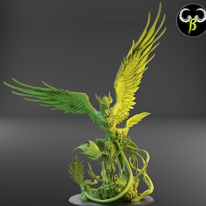 May include: A green and yellow 3D printed figurine of a phoenix with its wings spread wide. The phoenix is perched on a base of green and brown rock.
