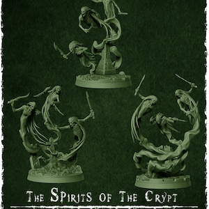 May include: A collection of miniature figures of spectral beings, each wielding a blade, with flowing ethereal forms. The figures are in shades of green, with the text "The Spirits of The Crypt" and "The Wraith King's Army" at the bottom.