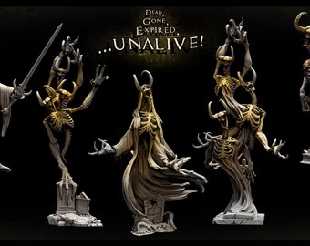 May include: Five skeletal figures in various poses, wearing flowing robes, stand on stone bases. The figures are painted in shades of gold and white, with a skeletal appearance. The text "Dead, Gone, Expired... UNALIVE!" is displayed above the figures.
