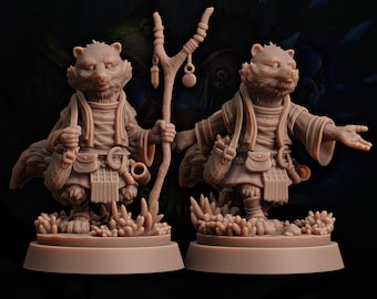 May include: Two tan-colored figurines of a raccoon-like character, each wearing a robe and holding a staff. One figure has its arm outstretched. The figures stand on a base with a grassy texture. The Sordane Publishing logo is at the bottom.