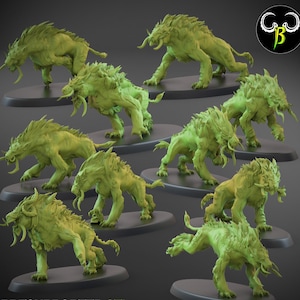 May include: Ten green, detailed, miniature plastic figures of a mythical beast with sharp teeth and claws. The figures are posed in various dynamic stances, ready for battle.