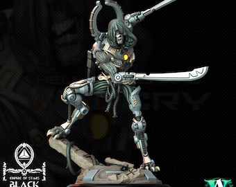 Puede incluir: Una figura en miniatura detallada de un guerrero cyborg con la cabeza encapuchada, sosteniendo dos espadas. La figura está pintada en tonos de gris, negro y plateado, con detalles amarillos. La figura está de pie sobre una base rocosa con el texto "Empire of Stars Black Pyramid" impreso en la base.