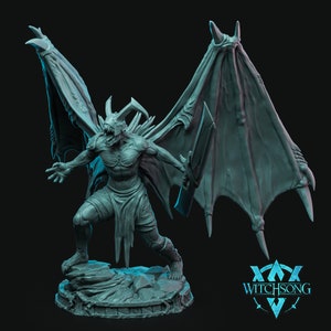 May include: A gray, detailed miniature figurine of a winged demon with sharp claws and teeth. The demon is posed in a menacing stance, with its wings spread wide. The figurine is set on a rocky base.