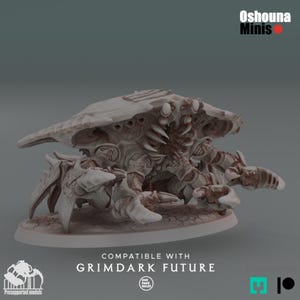 May include: A detailed, grey, 3D printed model of a crab-like creature with multiple legs and a segmented body. The model is compatible with GrimDark Future, a tabletop wargame.