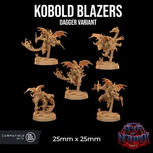 May include: Five 25mm miniature figures of kobold blazers with daggers, painted in a light brown color. The figures are posed in dynamic action poses, with wings spread and tails curled. The miniatures are compatible with one page rules.