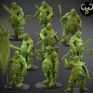 May include: A set of nine green plastic miniature figurines of orcs, each with a different pose and weapon. The orcs are wearing armor and carrying swords, axes, and shields.