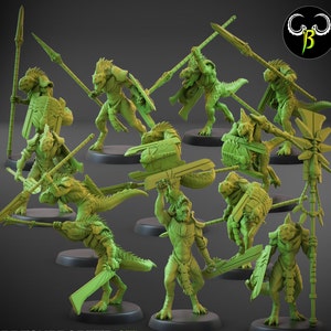 May include: A set of ten green plastic miniature figurines of lizard-like creatures, each holding a weapon or shield. The figures are posed in various fighting stances and are set against a black background.