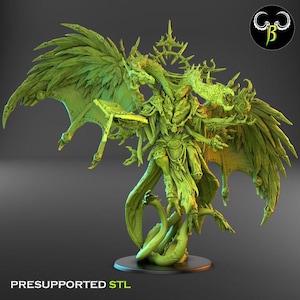 May include: A green, detailed 3D-printed figure of a winged dragon-like creature with multiple heads and a flowing robe. The figure is on a round base, with the text "PRESUPPORTED STL" at the bottom. A logo is in the upper right corner.