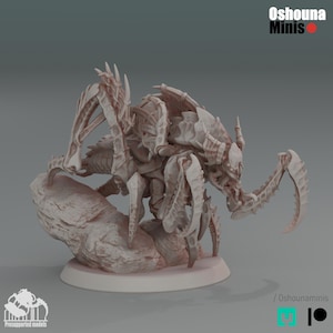 May include: A detailed, gray, 3D printed miniature of a monstrous, multi-legged creature with sharp claws and a menacing face. The creature is posed on a rocky base.
