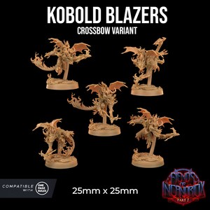 May include: Five unpainted miniature figures of kobold blazers with crossbows, each standing on a 25mm round base. The figures are made of a light brown plastic and are compatible with one page rules.